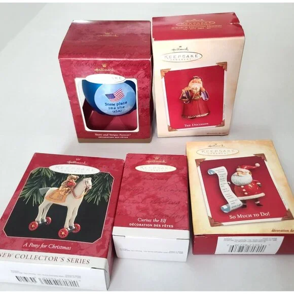 Hallmark Keepsake Ornaments Lot of 5-Curius the Elf, 2 Santas, Pony, USA Snowman - Picture 2 of 16